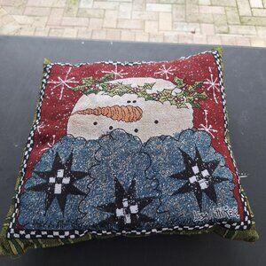 LISA HILLIKER SNOWMAN PILLOW RED GREEN VINTAGE TAPESTRY MOHAWK USA